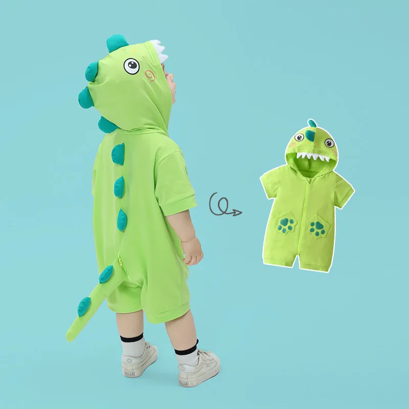 Kawaii Dinosaur Summer Infant Baby Clothes Boys Girl Bodysuit Hooded Cartoon Kawaii Five Colors Short Sleeve Romper Onesie