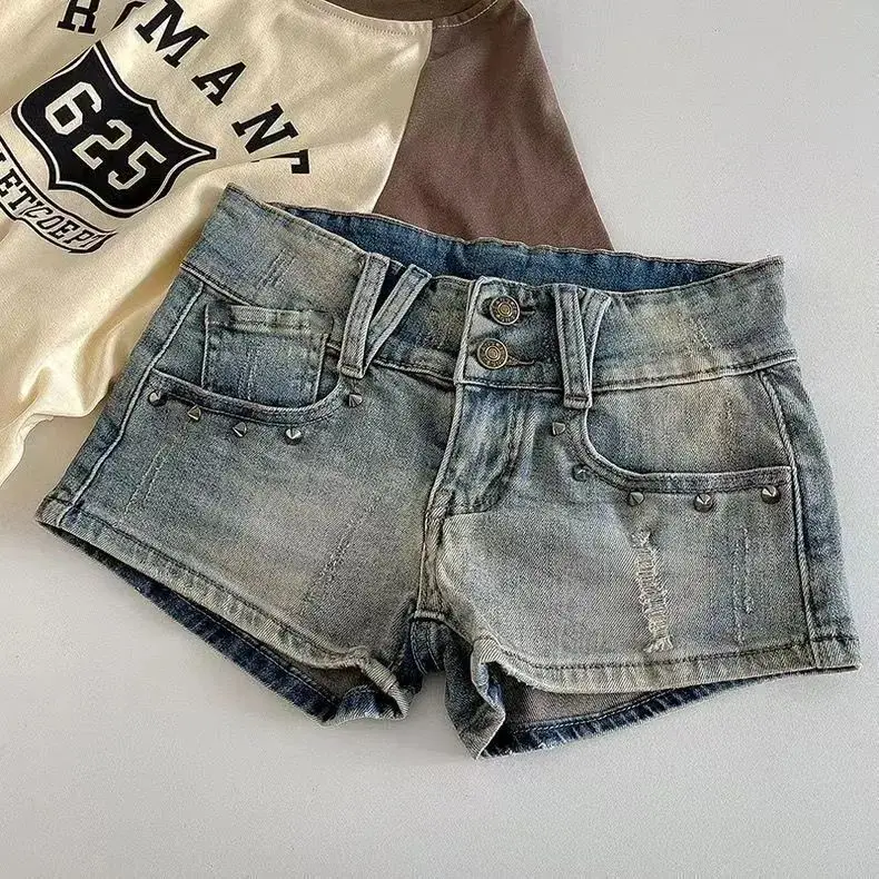 Sexy Blue Vintage Denim Shorts Woman Summer Low Waist Elastic Slim Skinny Super Short Jeans Y2k Street Versatile Pants