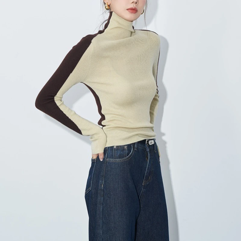 

2025 New Women's Color Block Superfine Wool Patchwork Knit Autumn Winter Sweaters Slim Fit Thermal Pullovers Sexy Fashion Tops
