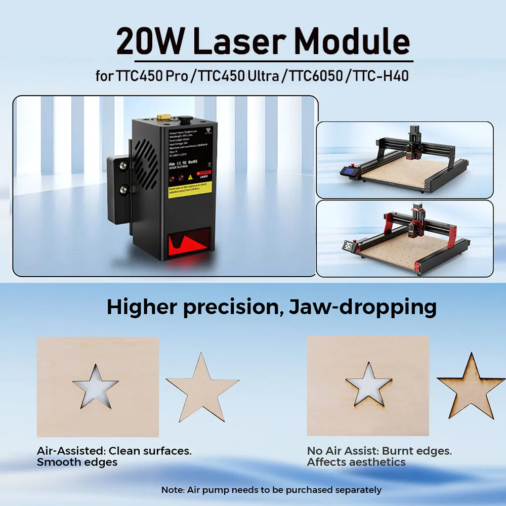 Image of Twotrees TC20 Lasermodul für TTC450 Pro/TTC450 Ultra/TTC6050/TTC-H40 CNC-Fräse 20W Diodenlaserkopf Leistungsstarker Schneidkopf mit Höherer Genauigkeit Lasergravurmodul mit Luftunterstützung