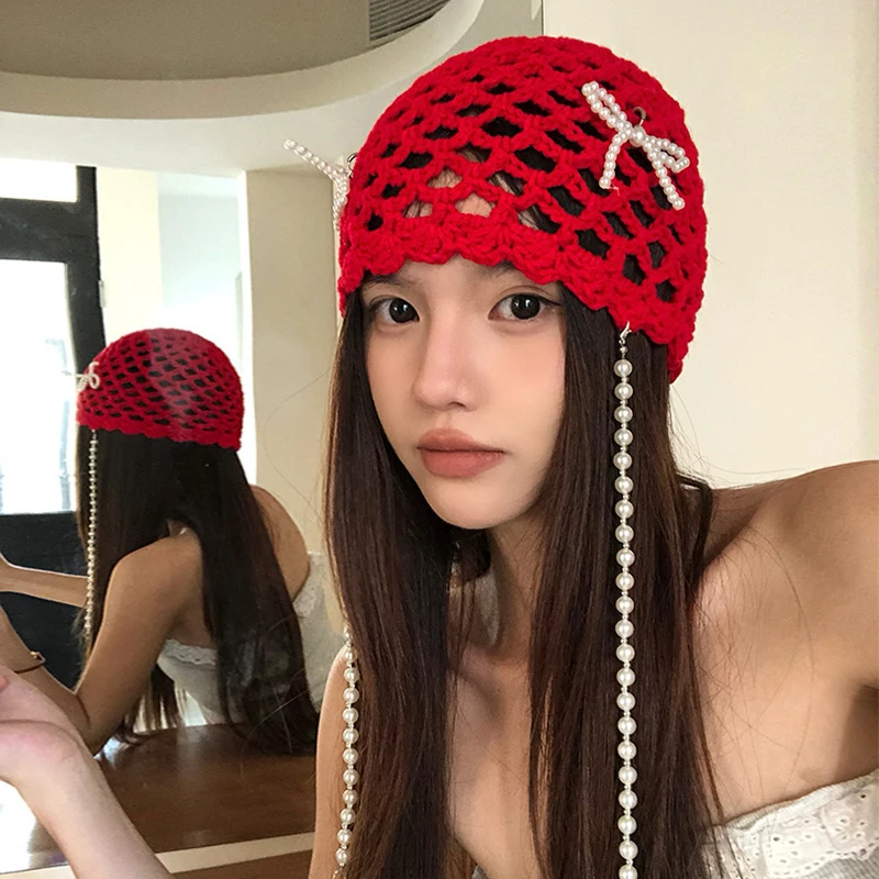 DIY Pearl Bow Pendant Hollow Handmade Knitted Pullover Hat Street Breathable Short Brim Personalized Skull Beanie Cap Korean