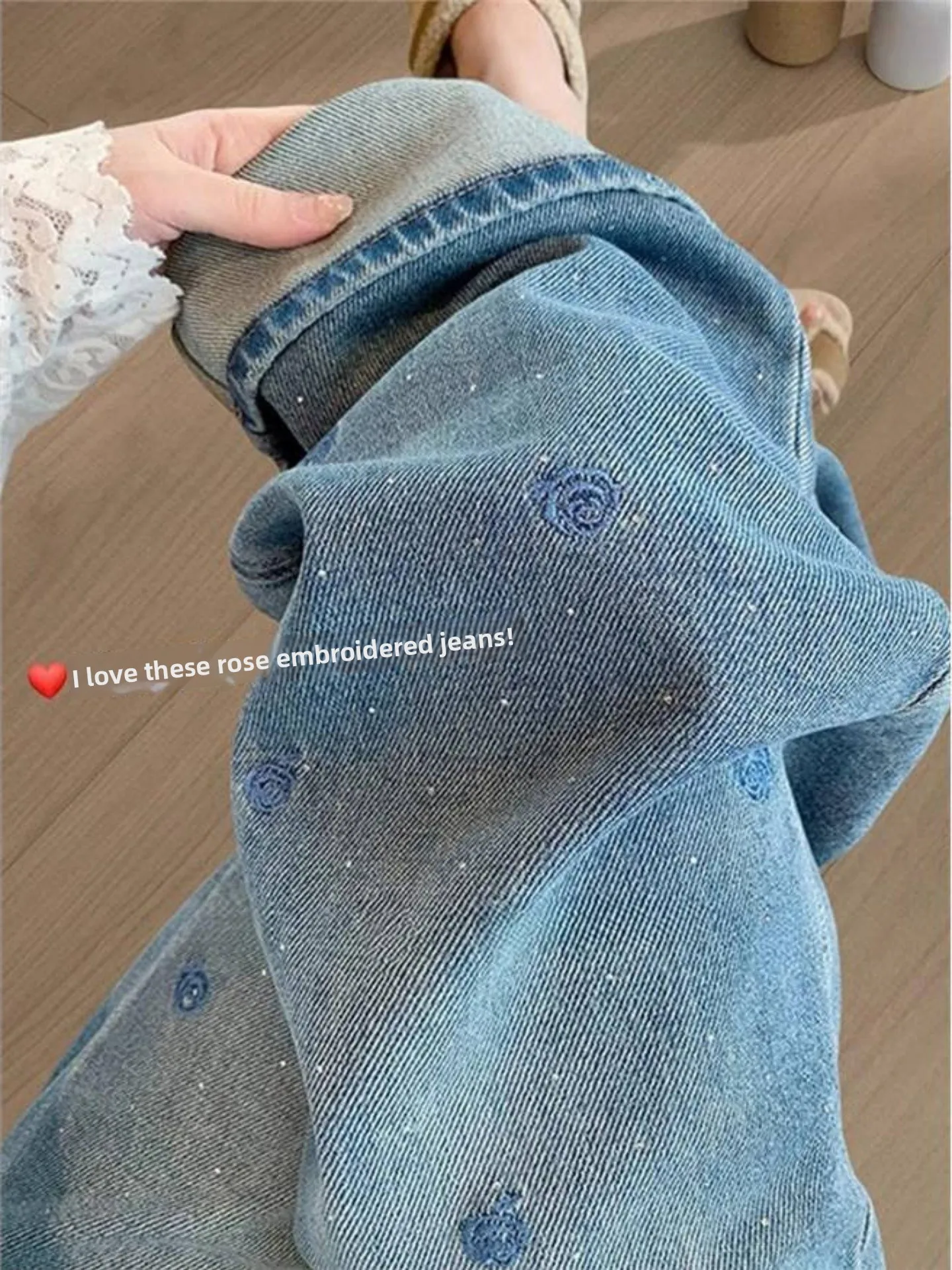 Women's Embroidered Rhinestone Denim Pants High Waist Wide Leg Spring Autumn New Style Large Size Pear Shape Small Figure Dra...
