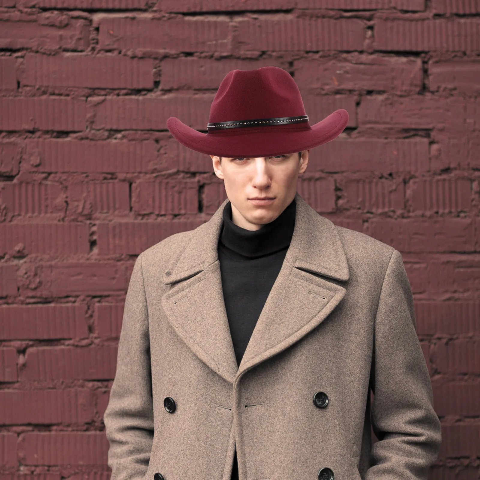 

Unisex Wool Felt Cowboy Hat Dark Red Wide Brim Autumn Winter Jazz Hat Halloween Cosplay Western Costume Party Wild West Outfit