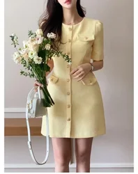 New Korean Fashoin Elegant Tweed Dress Women Summer Small Fragrance Short Sleeve Single Breasted Mini Dresses Vestidos High End