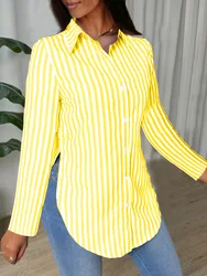 2024 Fashion Long Sleeve Stripe Shirt Women Spring Autumn Lapel Casual Basic Top Femme Side Slit Women's Tops And Blouses Shirts