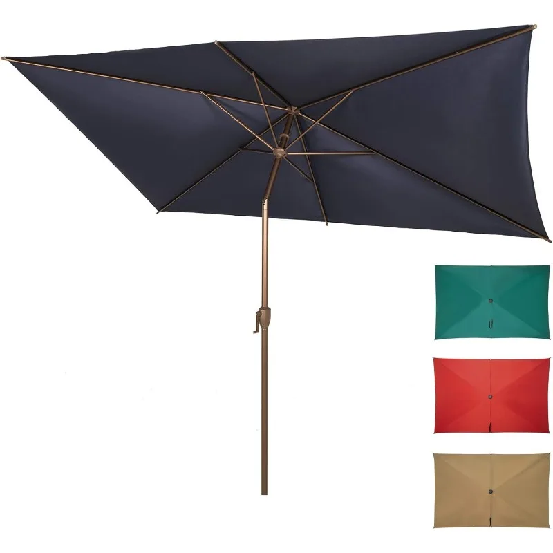 Parapluie de table d'extérieur rectangulaire avec manivelle et bouton poussoir inclinable, 6,5x10 pi, terrasse, arrière-cour, jardin