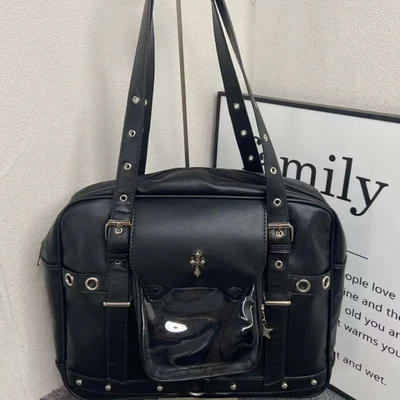 Tas Ransel Hitam Harajuku untuk Wanita, Tas Tangan Transparan Kapasitas Besar yang Manis dan Keren, Tas Ransel Wanita Jepang Y2k yang Chic, Bolsas