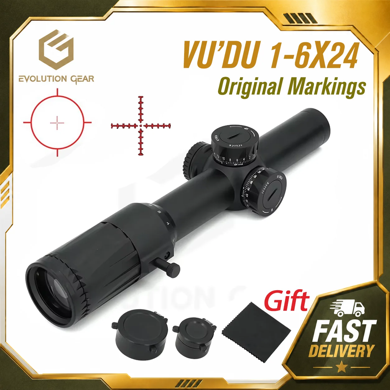 Evolution Gear VUDU 1-6X24 FFP LPVO Rifle Scope SR1 Red Illuminated Reticle Variable Magnification Tactical Scope For Hunting