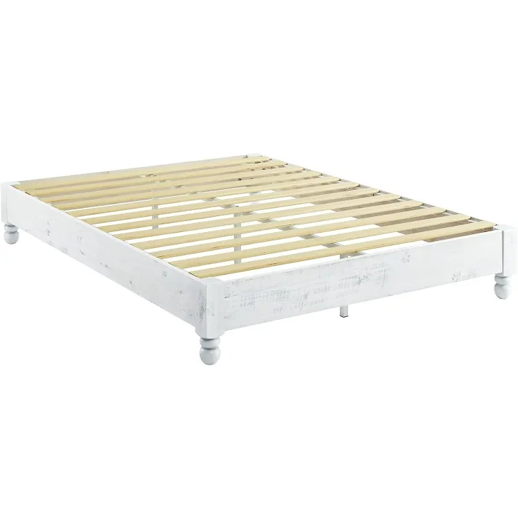 Wood Platform Bed Frame Rustic Style,Mattress Foundation(no boxspring Needed), White Washed Finish, King