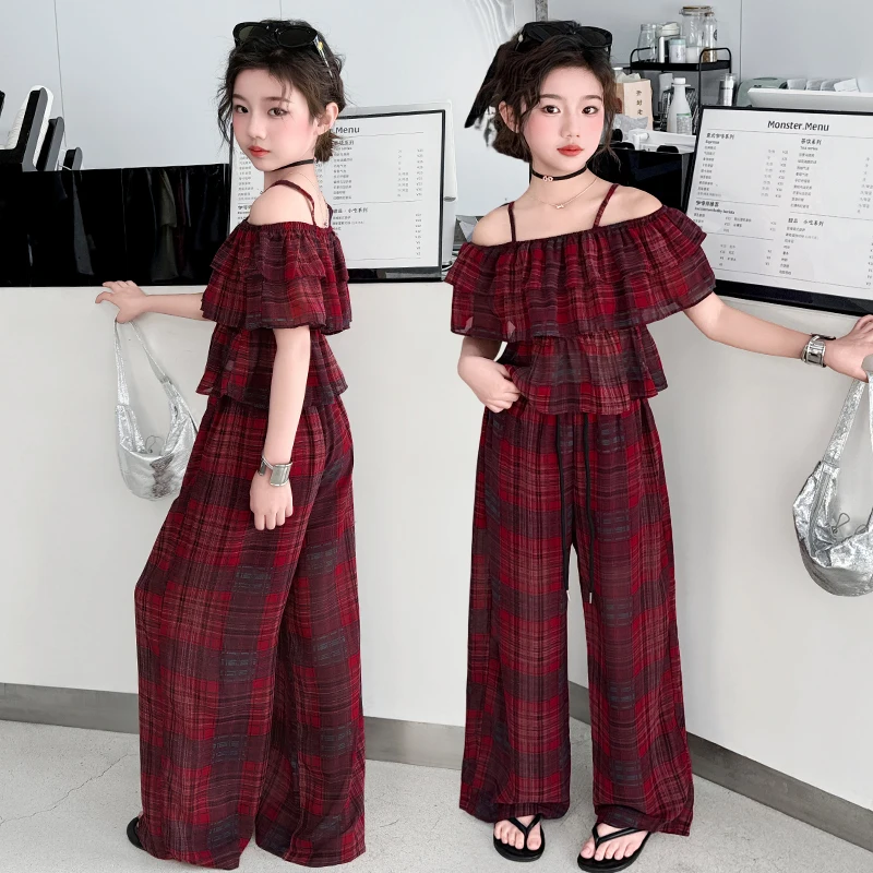 

New Fashion Kids Street Style Chiffon Clothes Set For Girls Plaid Off Shoulder Top And Bottom Clothing Suit Child Summer Wear