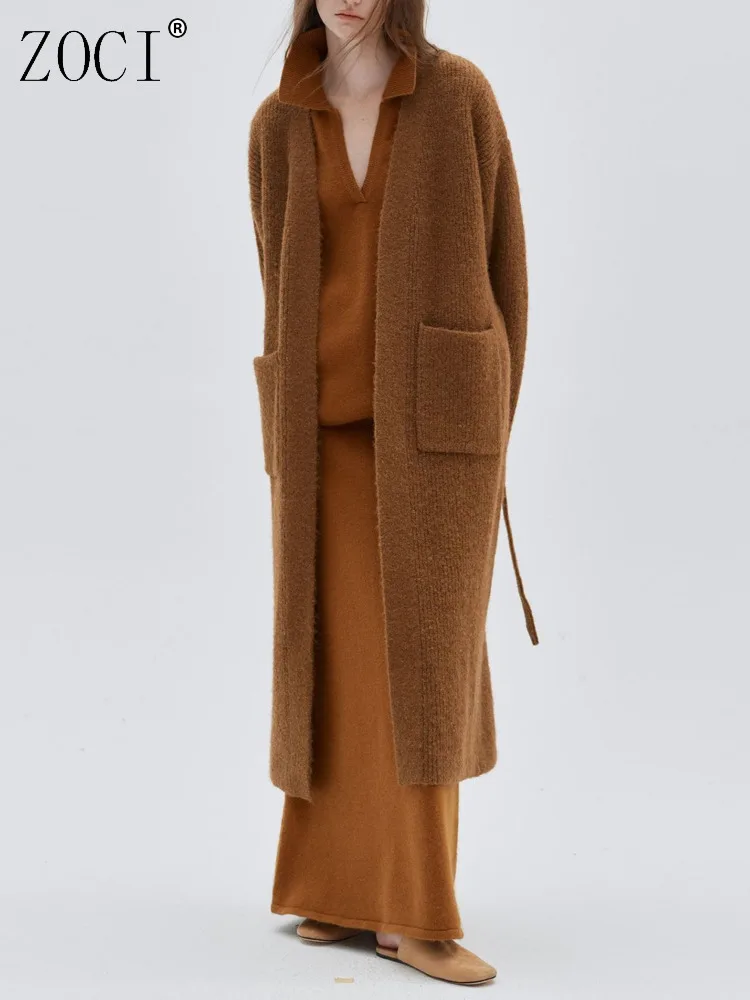 

ZOCI One Size Maillard Belt Gathered Waist Knit Long Coats For Women Solid Color Night Gown Female Woolen Coats 2024 Winter New