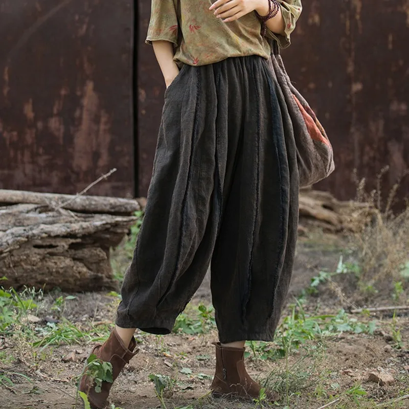 

Женские новые 2021, винтажный стиль, однотонные свободные женские повседневные брюки до щиколотки M243, высококачественные хлопковые и льняные шаровары