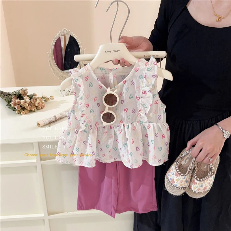 

Girls Cute Heart Tops Shirt+Pink Suit Pant 2Pcs Clothing Set For Kids 2-8Y Casual Fashion Streetwear Children Clothes Sets