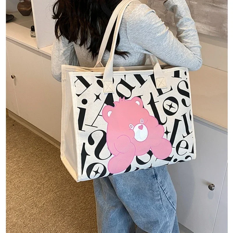 2024 New Versatile Printed Cartoon Letter Shoulder Bag Casual Canvas Tote Bag for Women Large Capacity Commuter Mommy Outing Bag