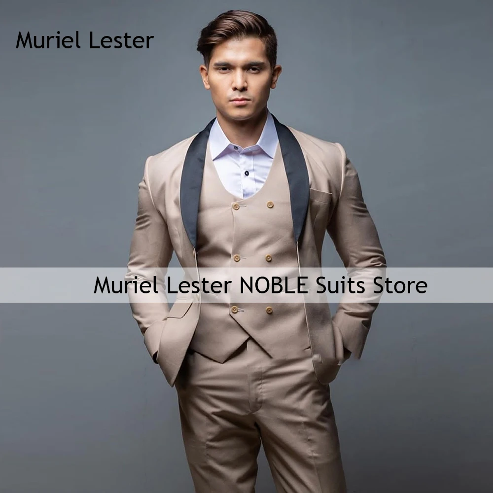 

Деловые костюмы для мужчин, черный пиджак с шалью и лацканами, приталенная одежда для жениха, свадебный смокинг, комплект из трех предметов, деловой офисный пиджак, жилет, брюки