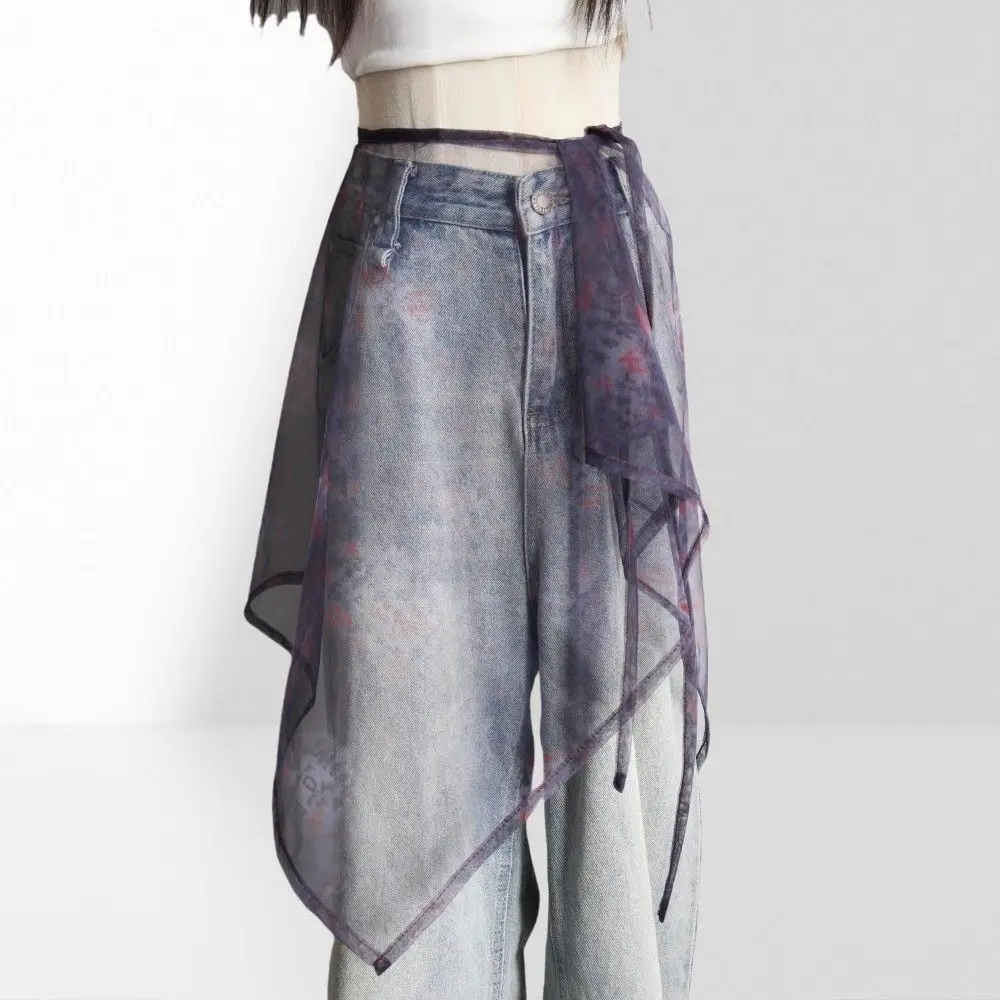 High Waist Lace Midi Skirt Side Slit See Through Lace Drawstring Skirt Breathable Y2K Streetwear Lace Long Skirt Hip Scarf