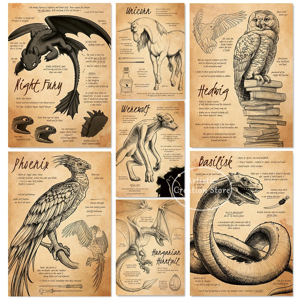 Película de mago clásico, criaturas encantadoras, monstruo, búho, dragón, cuaderno de bocetos, póster, pintura en lienzo, imágenes artísticas de pared, decoración del hogar