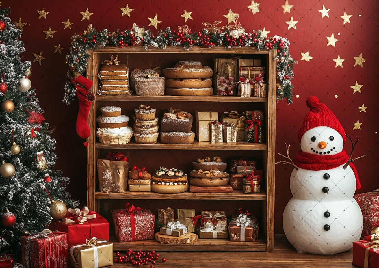 Christmas Bakery Shelf Snowman Photo Backdrop Xmas Bread Pastry Background with Gift Star Decor Holiday Studio Shooting Props