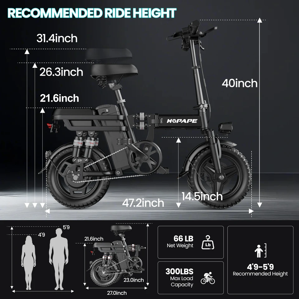 HOPAPE Foldable Electric Bike 748W Brushless Motor 48V 15Ah Battery 8-Layer Shock Absorption 20MPH Max Speed 25-30 Miles Range Dual Disc Brake 14"x2.125" All Terrain Folding E-Bike image 8