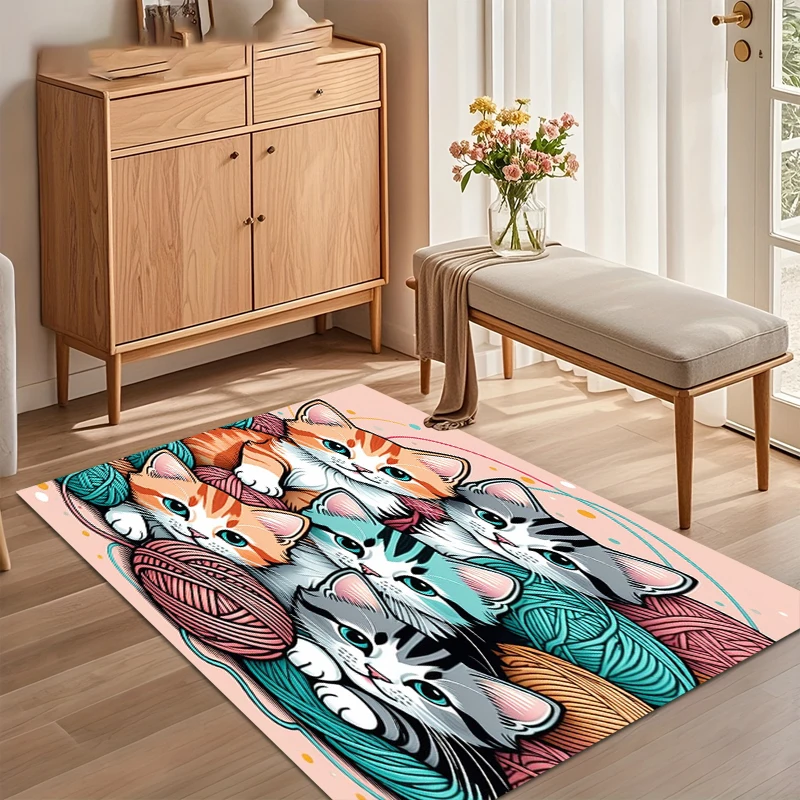 Soft Non-Slip Playful Cat Area Rug with Kittens and Yarn Balls on Pink Background for Nursery Bedroom Living Room Decor