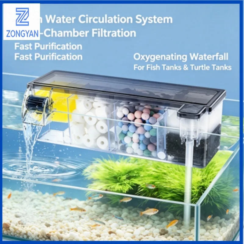 ZONGYAN Wall Mounted Fish Tank Filter Box 3 in 1 Water Purification Circulation Drip System for Small Aquarium Turtle Tank
