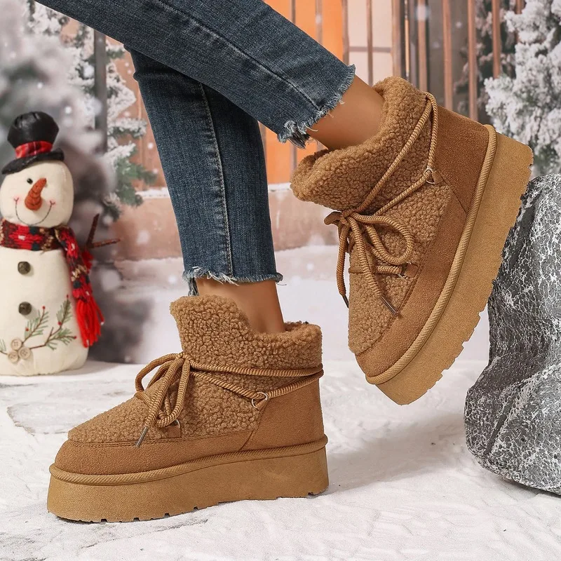 Winter New Thick Snow Boots Women\'s Round Head Sleeve Splicing Suede Front Strap Anti-slip Wear-resistant Short Boots