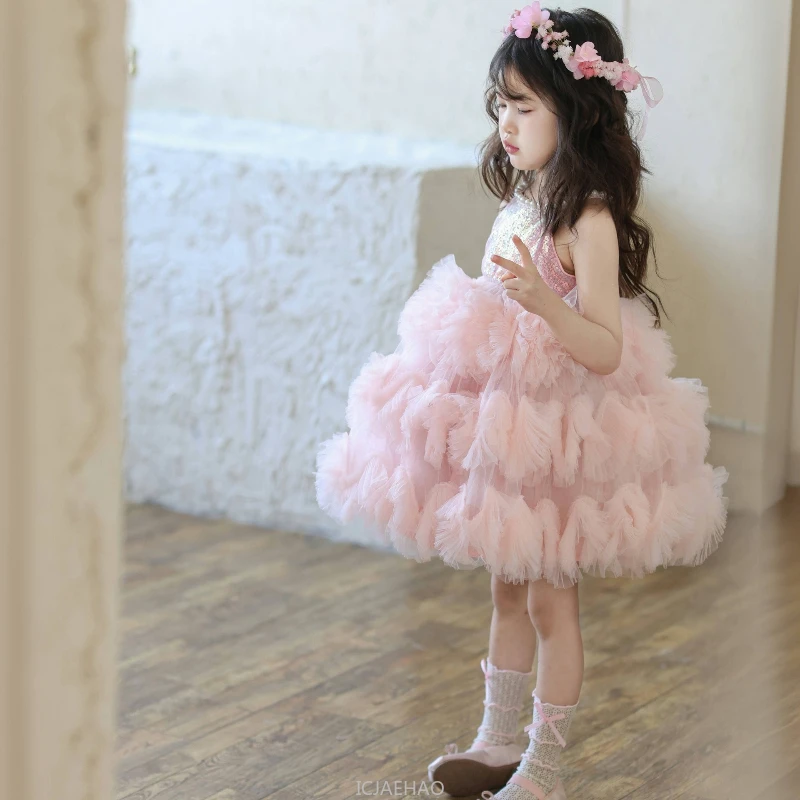 

Wed Dress Pink Sleeveless Flower Girl Dresses Pageant Host Tutu Gown Kids Wedding Outfits with Train Birthday Vestido Children