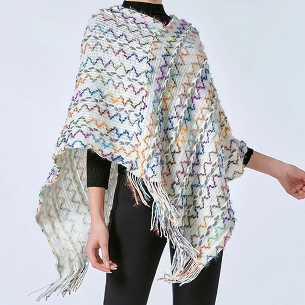 

Trendy Ethnic Style Knitted Pullover Shawl Winter Warm Elegant Mongolian Poncho Knitting Wraps Cape Women Fashion