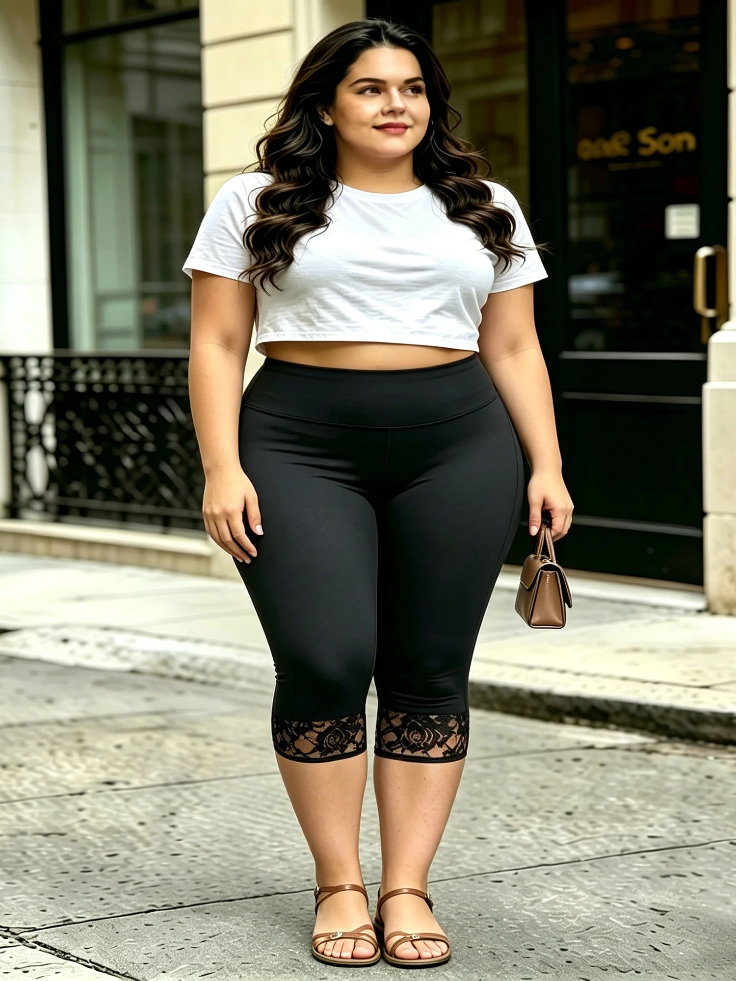 Capri Leggings Cropped Casual Daily Lace Trim Stretch Plus Size Summer Women Tight Pants