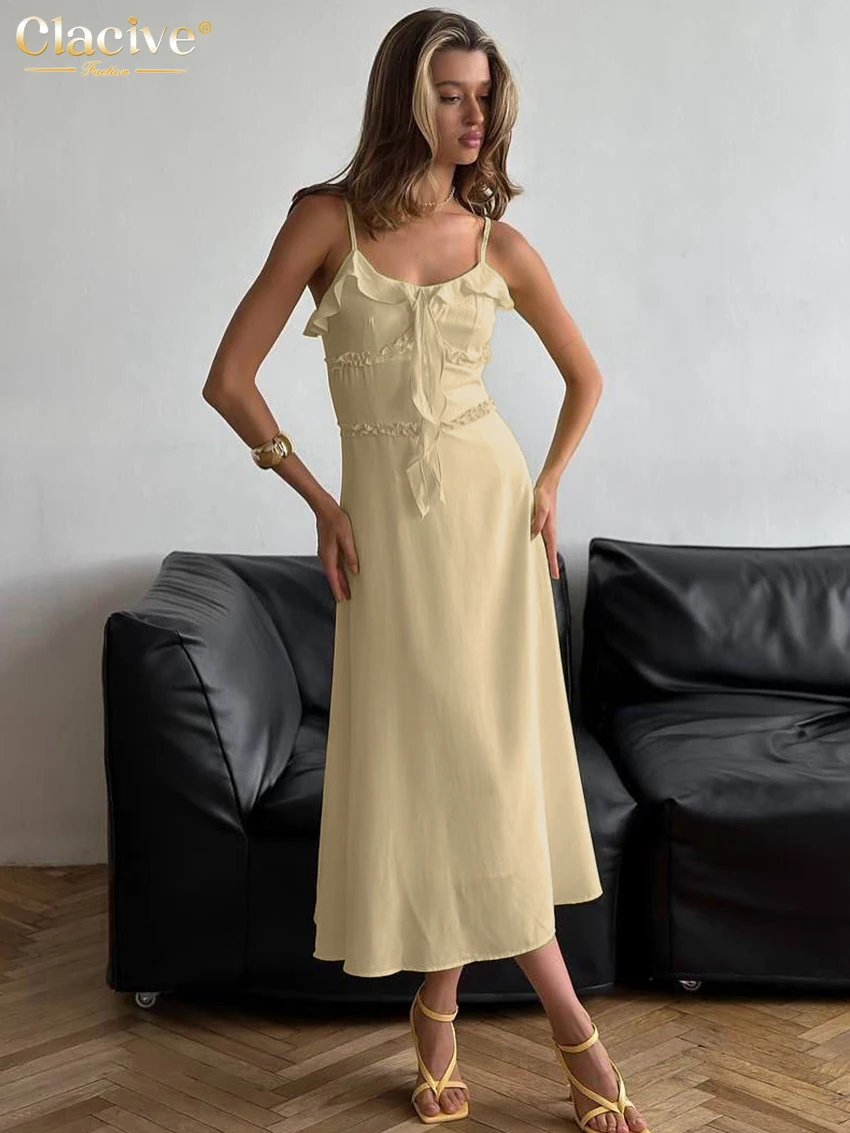 Clacive Sexy Loose Yellow Women Dress 2026 Summer Strap Sleeveless Midi Dresses Elegant Classic Ruffles Solid Female Sundresses