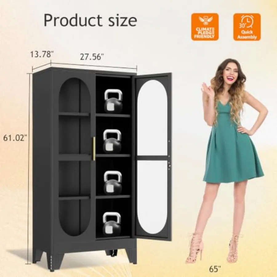 61 Tall Metal Curio Cabinet for Collectibles Display, Black Glass Door Showcase with 4 Tiers, 3 Adjustable Shelves, Locking Fea