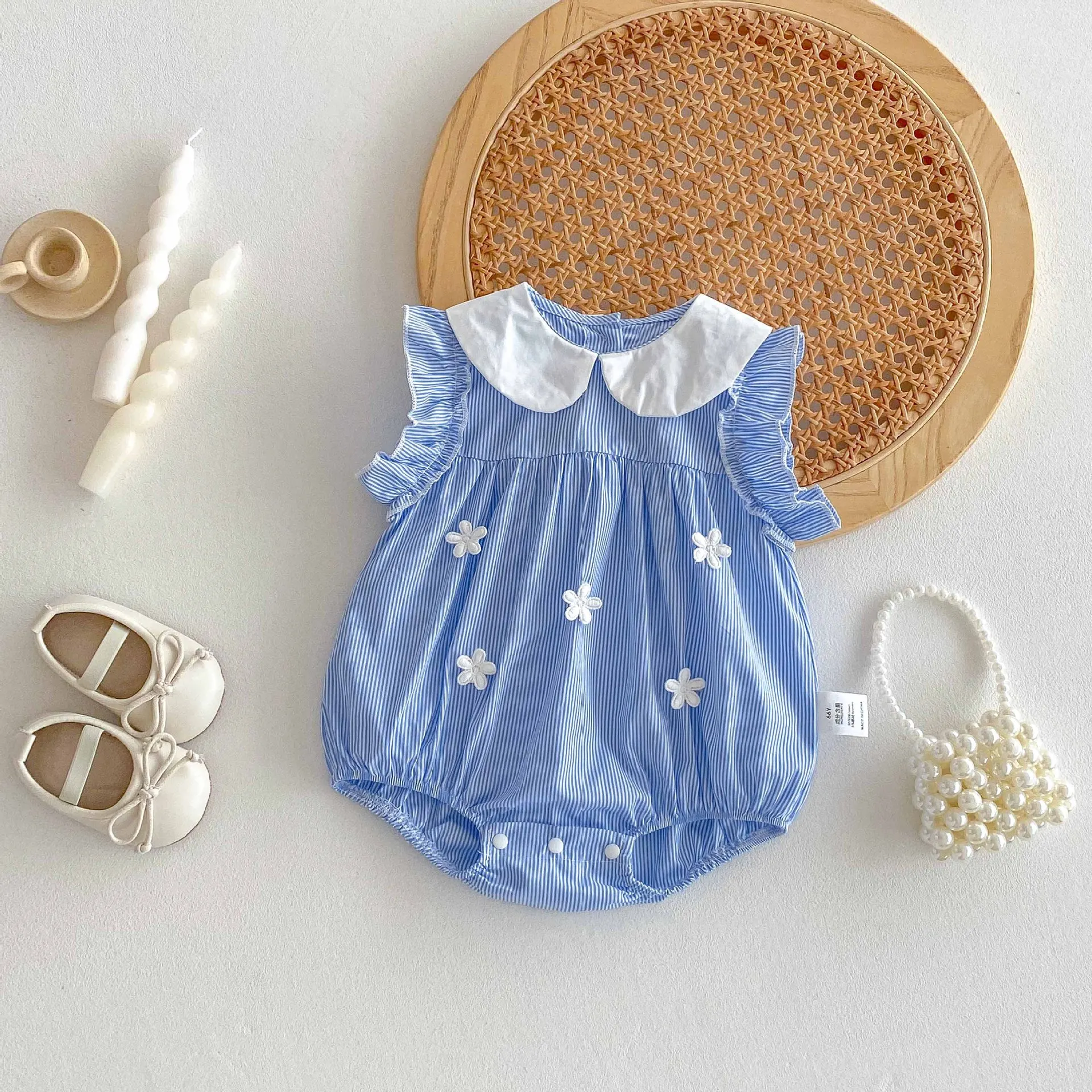 Baby Clothing 0-24M Newborn Baby Bodysuits Summer Sweet Flower Girls' Striped One Piece Sleeveless Toddler Romper