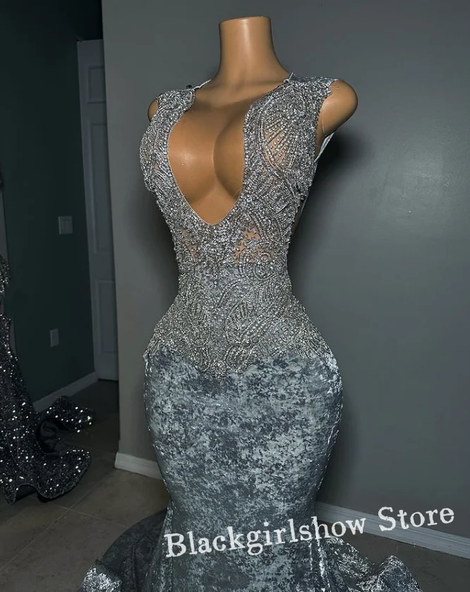 Shiny Silver Prom Party Dress 2024 Luxurious V Neck Diamond Appliqué Mermaid Long Dress Formal Occasion فساتين سهرة