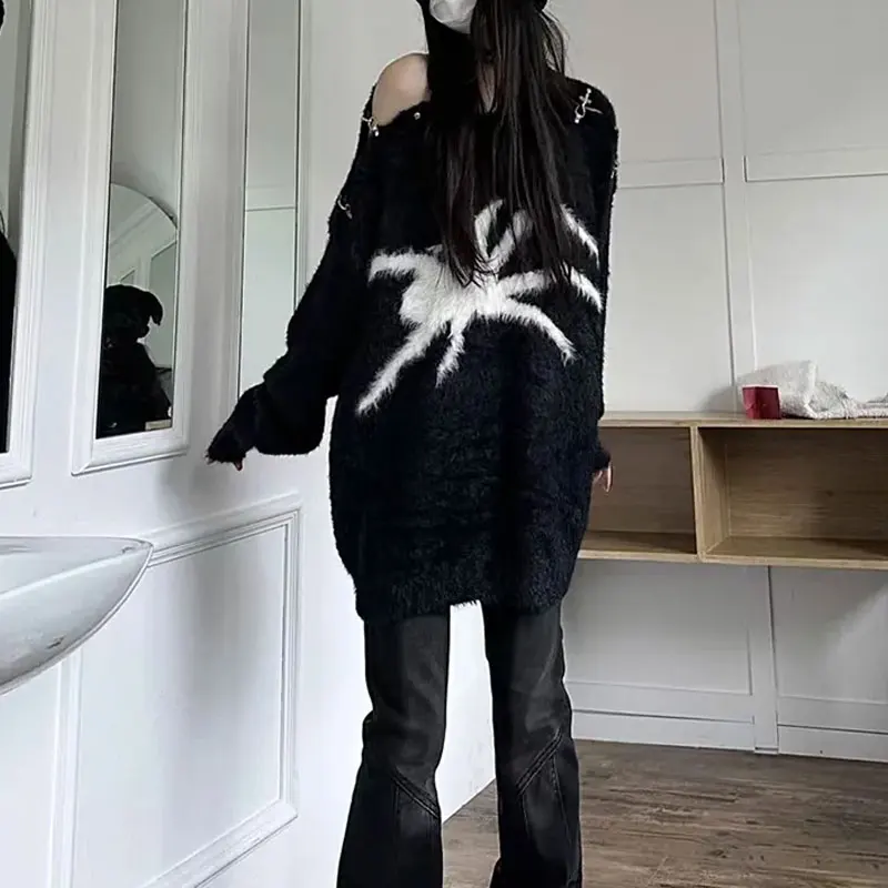 

High Street Spider Jacquard Weave Sweaters Female Clothing Fashionable Metal Buckle Autumn Winter Off Shoulder Knitted Pullovers