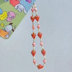 Cute Strawberry Beads Mobile Phone Chain Women Girls Cellphone Case Accessories Pink Stone Mobile Phone Lanyard Telephone Pendan