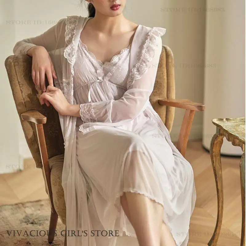 Retro Court Style Twinset Robe Set Sexy Mesh Female Sleepwear Nightgown Elegant Sweet Home Dress Loungewear Loose Negligee