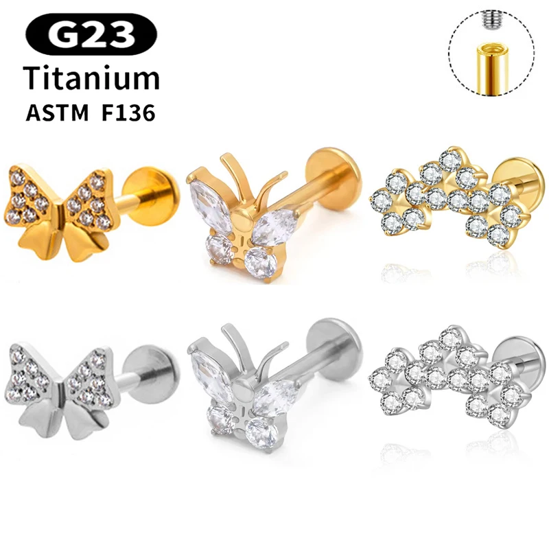

1PC G23 Titanium Labret Lip Stud Zircon Butterfly Internal Thread Tragus Stud Piercing Cartilage Daith Conch Piercing Jewelry