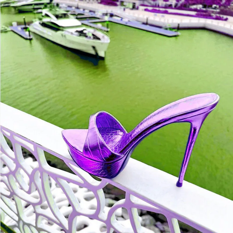 

Woman Sexy Stiletto High Heel Sandal Slippers Peep Toe Lady Slip On Black Purple Blue Summer Party Sandal Shoes