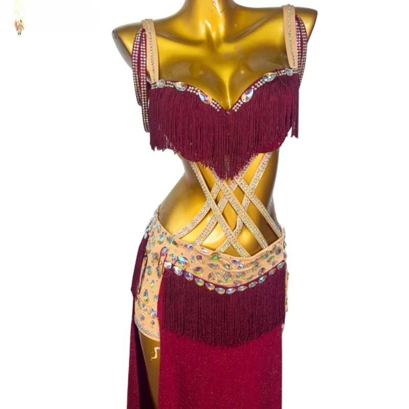 Vestido feminino luxuoso com franjas de strass, vestido adulto para competição de dança do ventre, elegante, traje de performance de dançarina do ventre