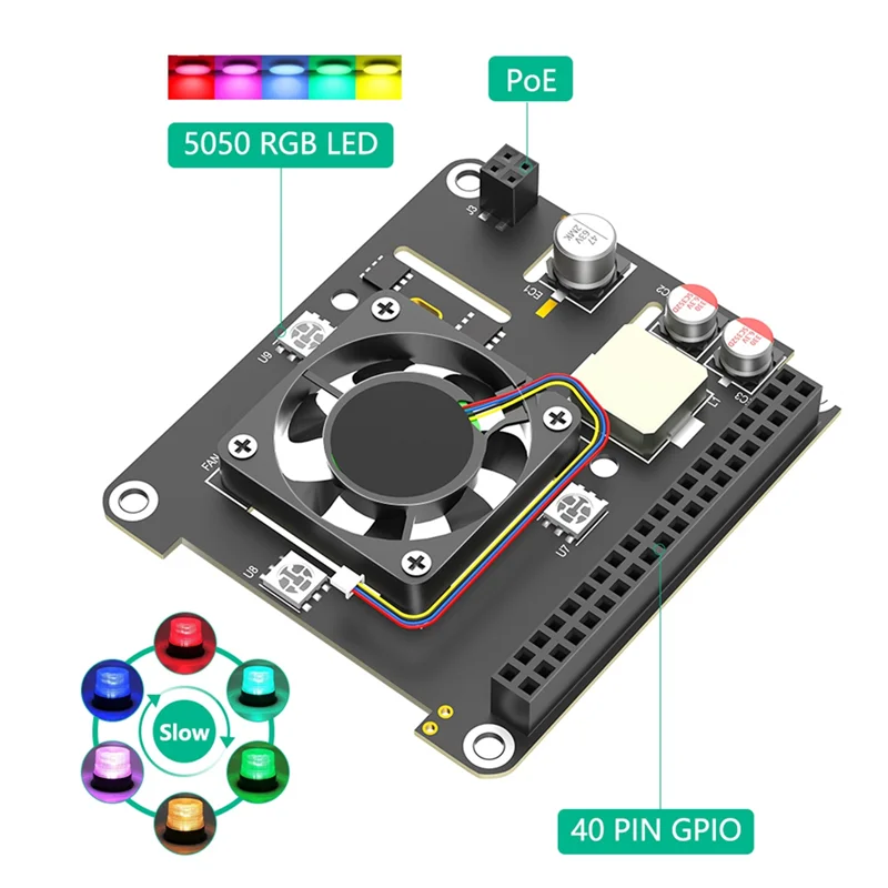 A29F-Poe HAT para Raspberry Pi 5 con ventilador de refrigeración/módulo de computadora 5, con luz LED de decoloración automática