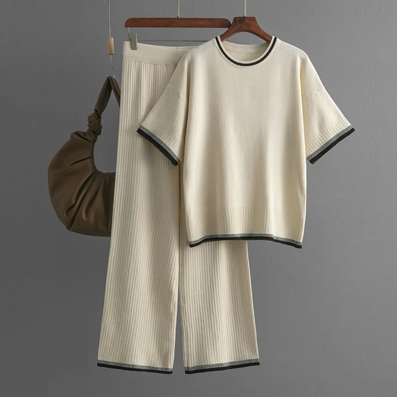Broeksets Dames Tweedelige gebreide top Korte mouw Ronde hals Truien Patchwork Midi Taille Lange broek Dame Recht Casual