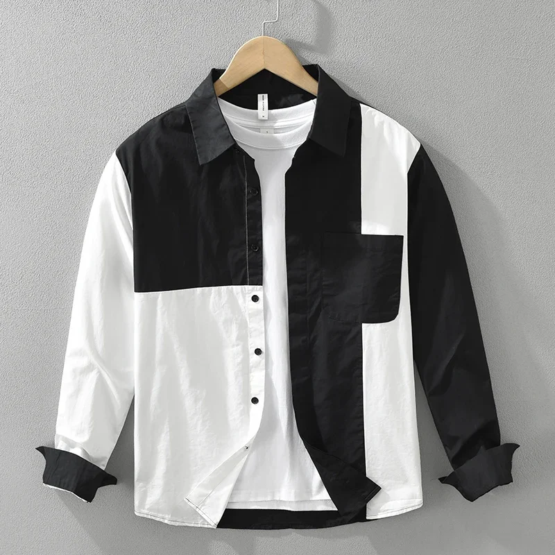 2024 Autumn long Sleeve Patchwork Shirts cotton casual  men's   Collar Safari Style It goes with everything  White  Black