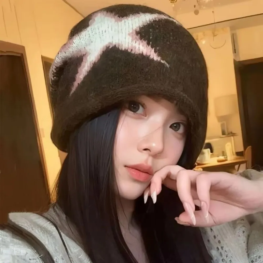 Y2K Style Star Patterned Beanie Cap Elastic Edge Curl Knitted Hat Soft Brimless Ear Protection Slouchy Hat