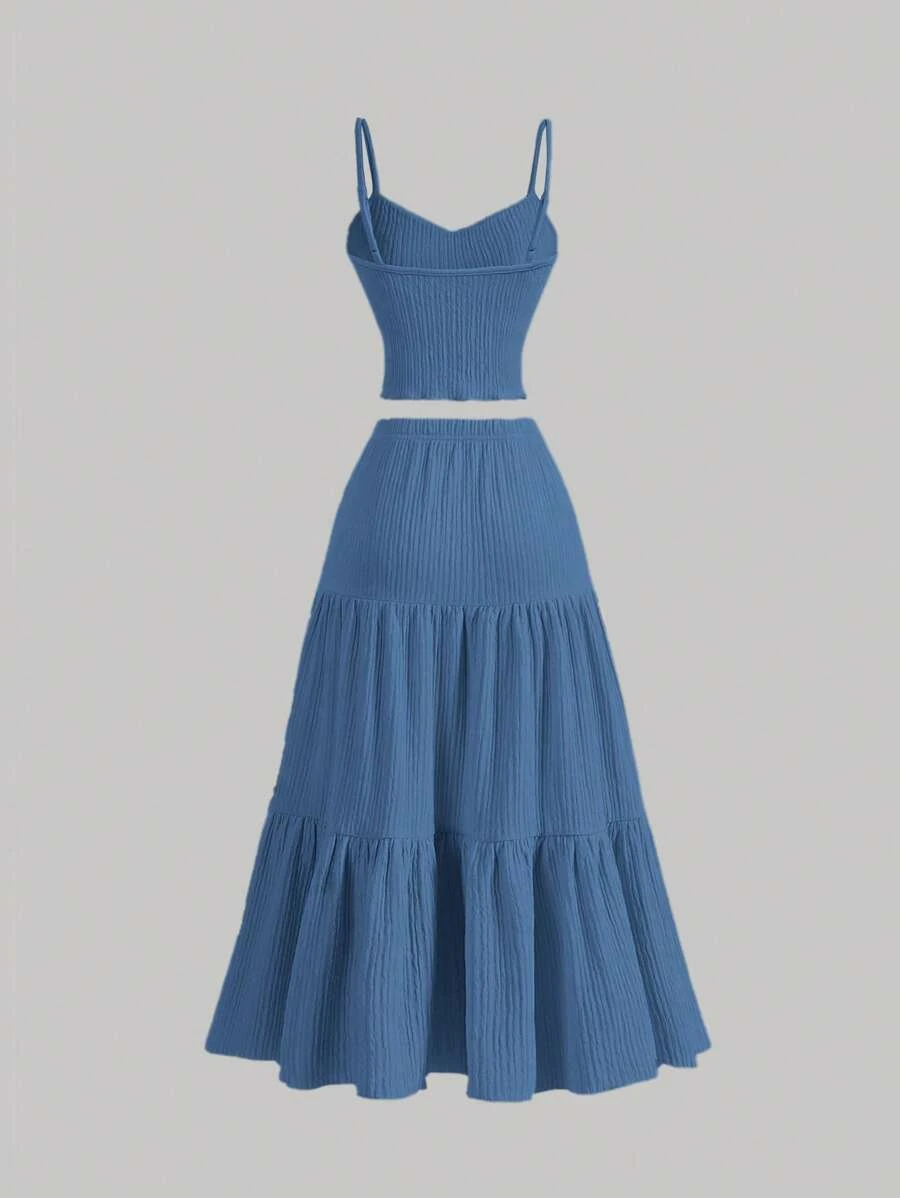 Western Women, Blue Textured Camisole Crop Top & Multi-layer Flared Midi Skirt Set, Spring & Summer Outfit for Dating & Vacation