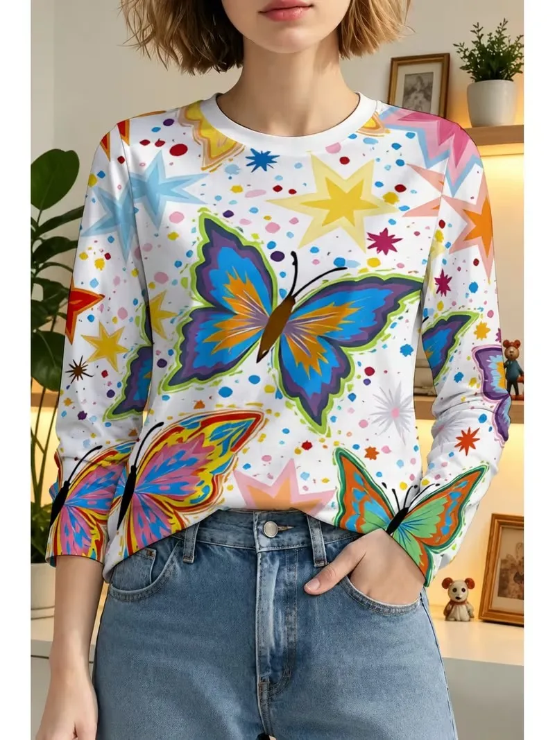 Women Crew Neck Long Sleeve Shirt Blue And White Porcelain Pattern 3D Print Tops Spring Vintage Floral Casual Daily Blouses Tops