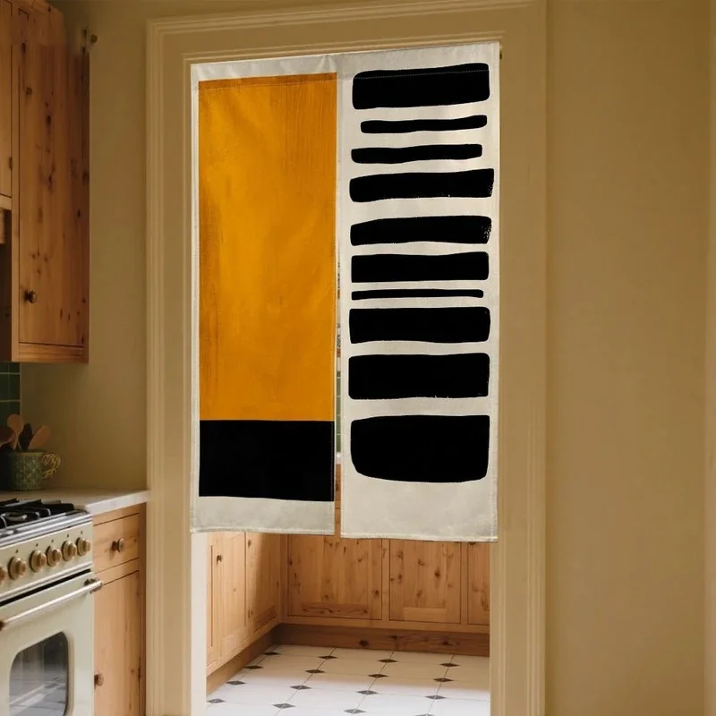VIKAMA Modern Abstract Noren Door Curtain Black Yellow Geometric Stripe Art Print Fabric Room Partition Home Decor