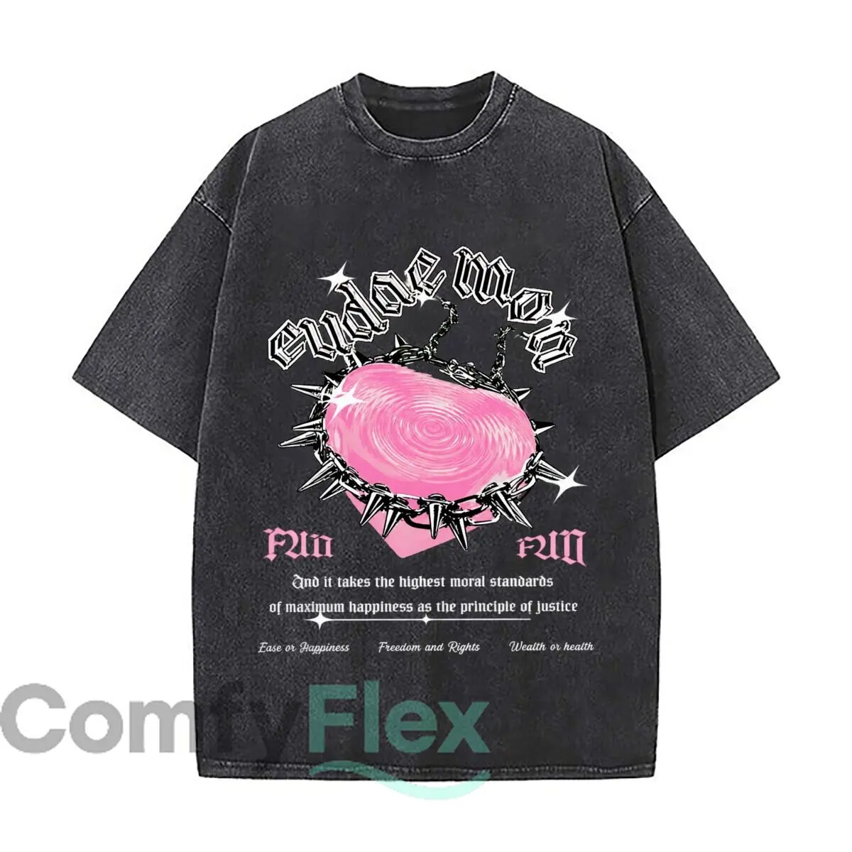 Eternal Love Pink Heart Thorn Crown Rin Washed Vintage Short Sleeve Loose Streetwear Tee