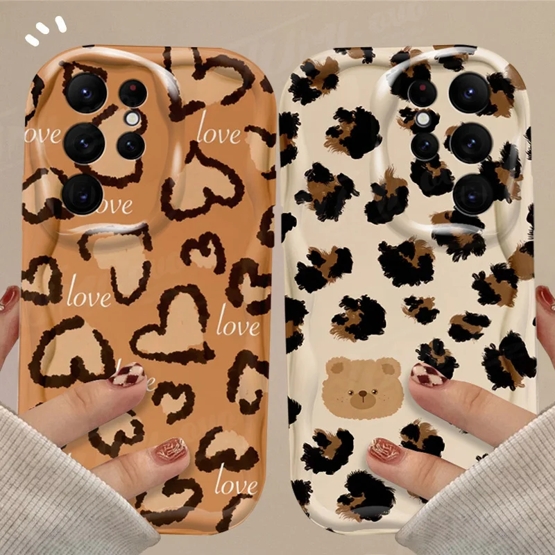 Love Heart Leopard Print Wave Case For Samsung Galaxy S24 Ultra S23 S22 Plus S21 S20 FE A25 A55 A35 A15 A05 A05S Silicone Cover