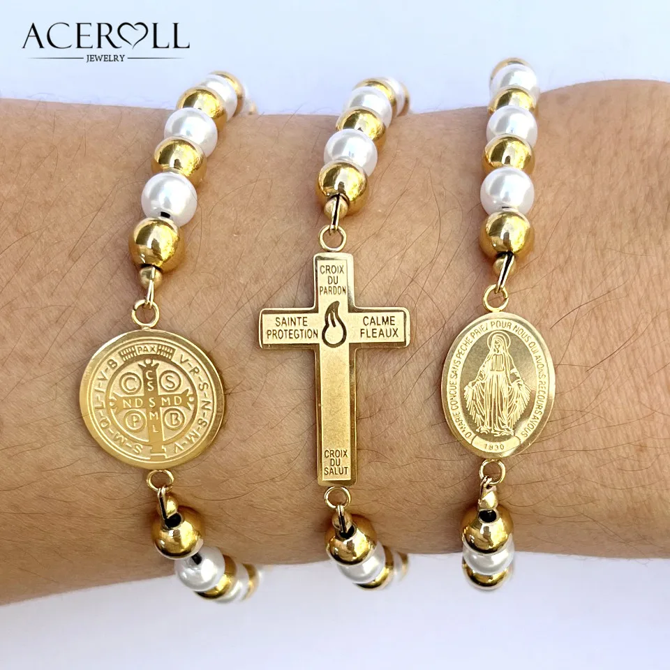 

ACEROLL Stainless Steel Beads Bracelet with Saint Benedict,Miraculous Medal,Cross of the Sons and Daughters of the Light