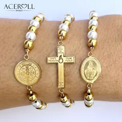 ACEROLL Stainless Steel Rosary Beads Bracelet with Saint Benedict,Miraculous Medal,Cross of the Sons and Daughters of the Light